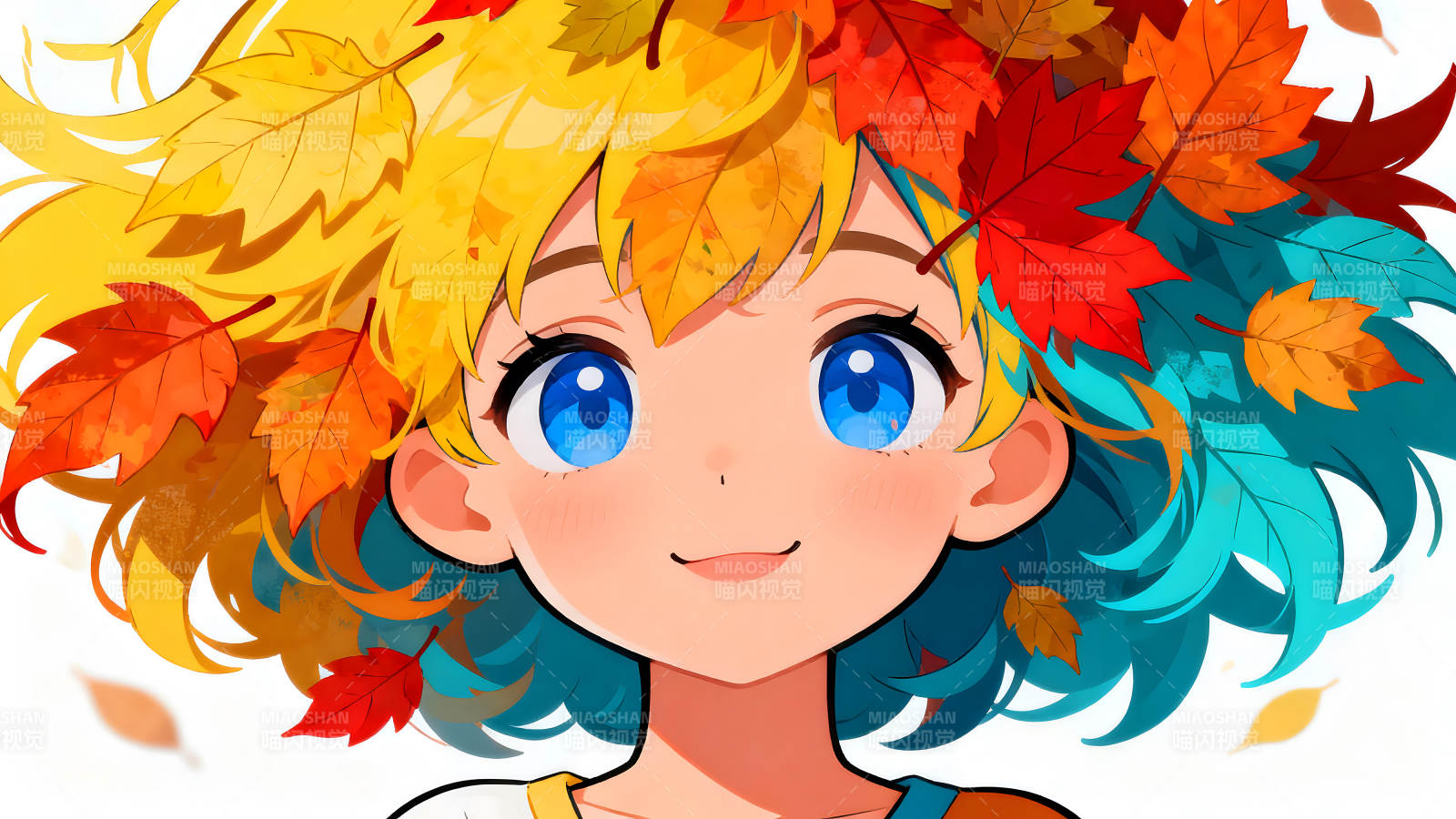 秋日少女头戴落叶笑容甜美图片