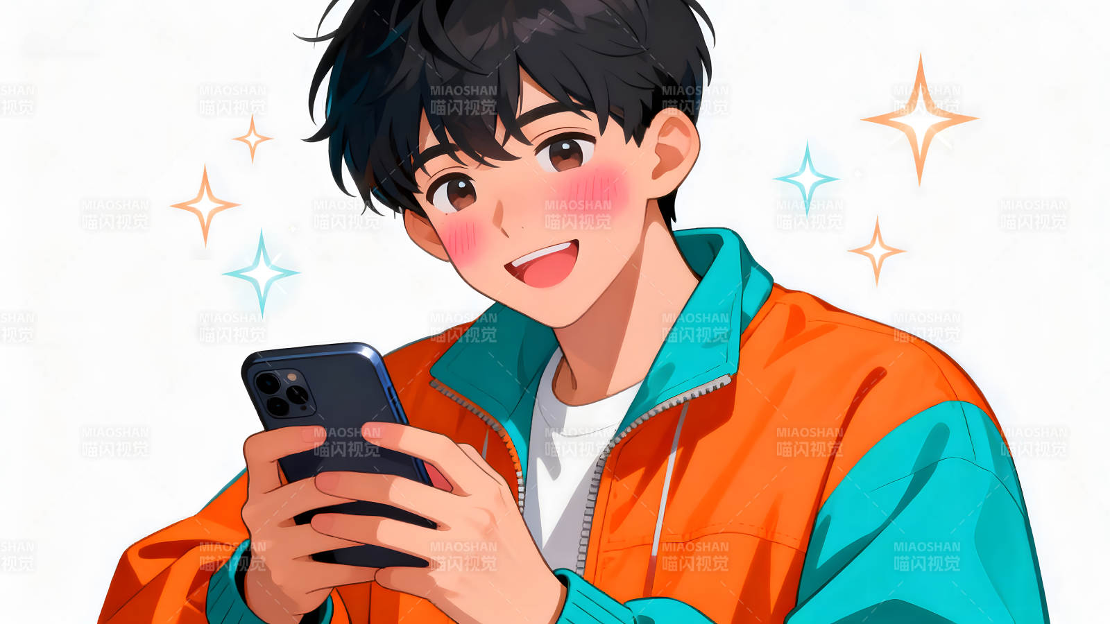动漫风格男孩拿着手机微笑图片