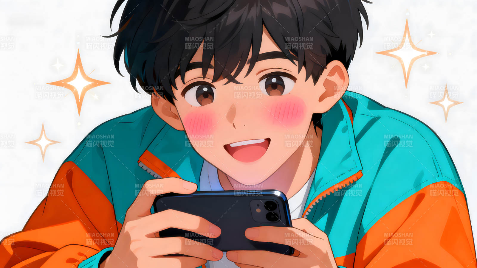 动漫男生玩手机露出笑容图片