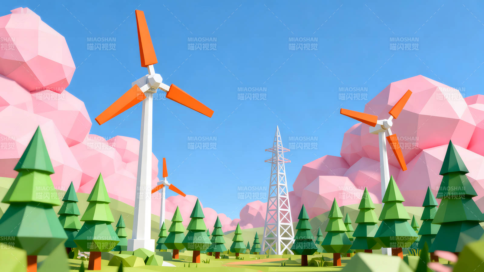 卡通风力发电场景低多边形渲染图片