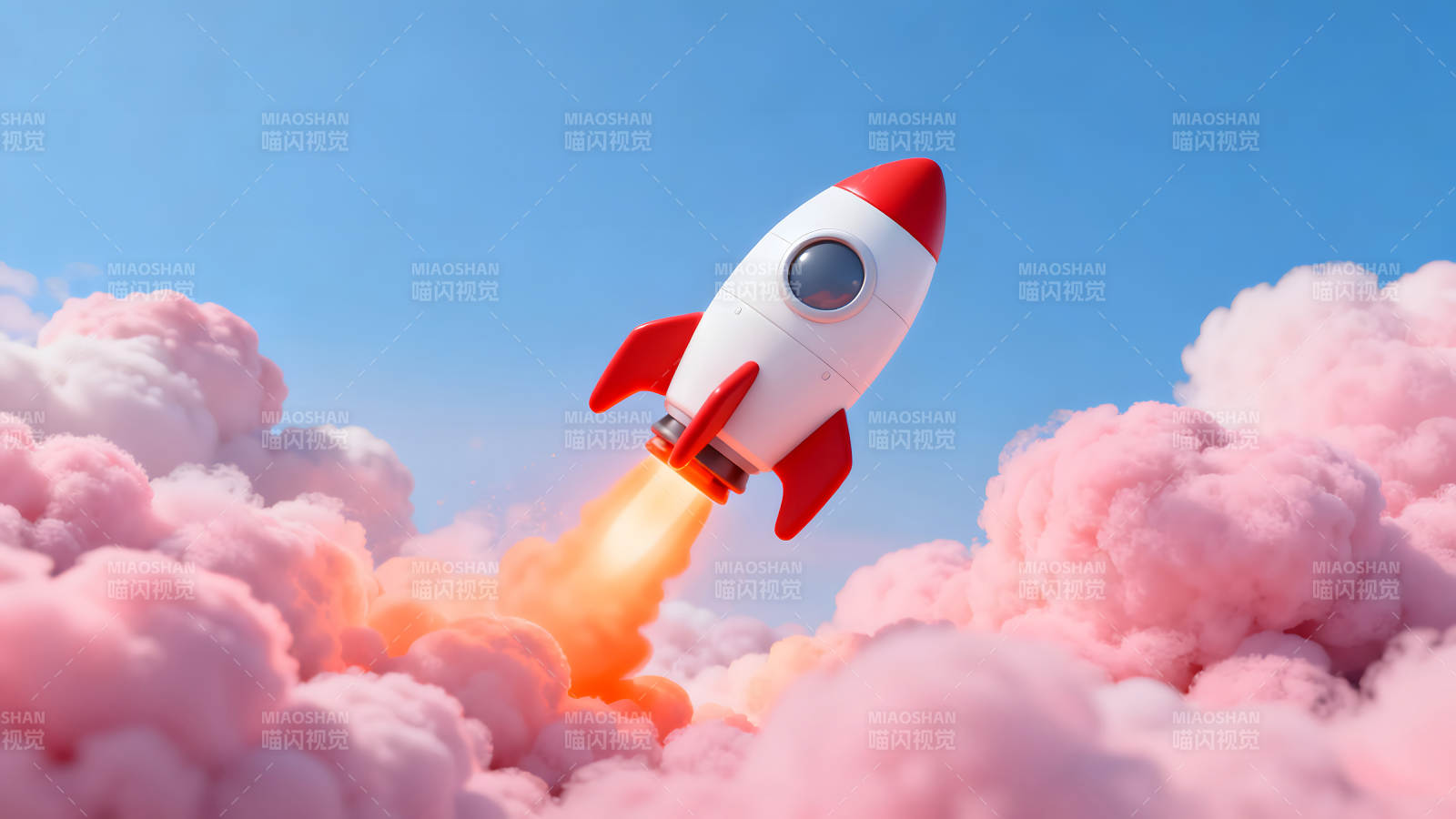 火箭穿越粉色云海翱翔天空图片