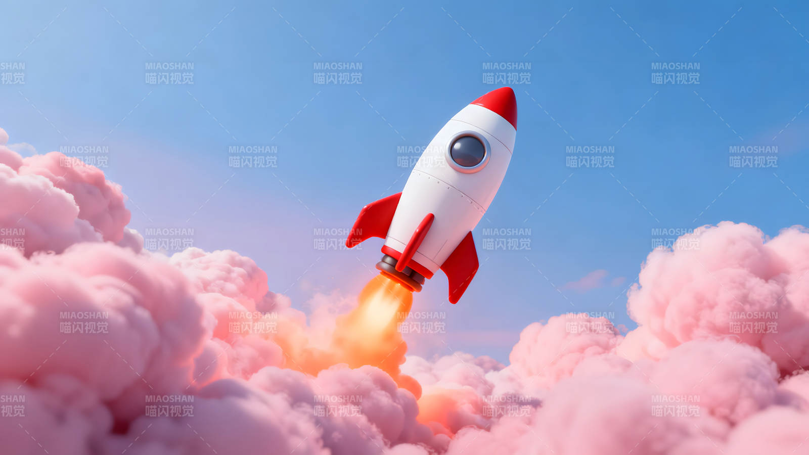 火箭发射升空穿过粉色云朵图片