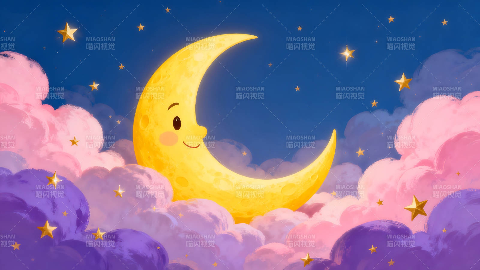 卡通月亮与星星在云朵中闪耀图片