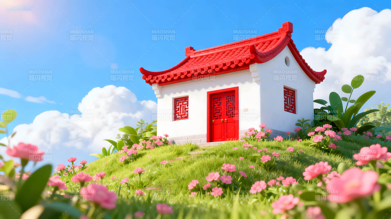 红顶白墙的可爱小屋坐落于草地之上图片