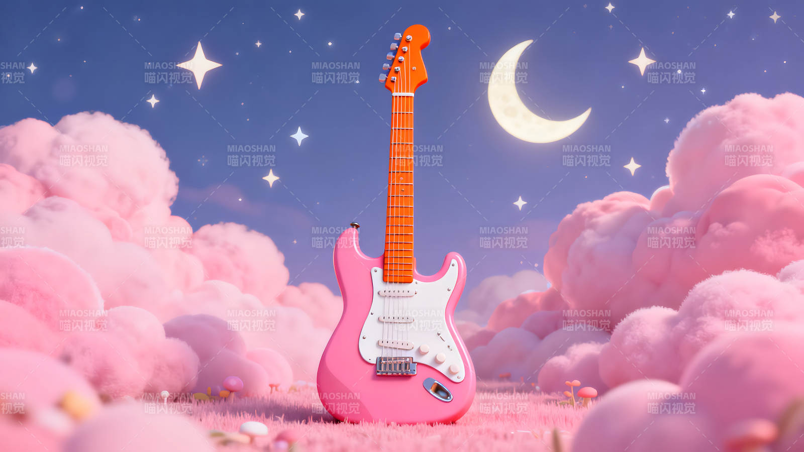 粉色吉他梦幻场景星星月亮图片