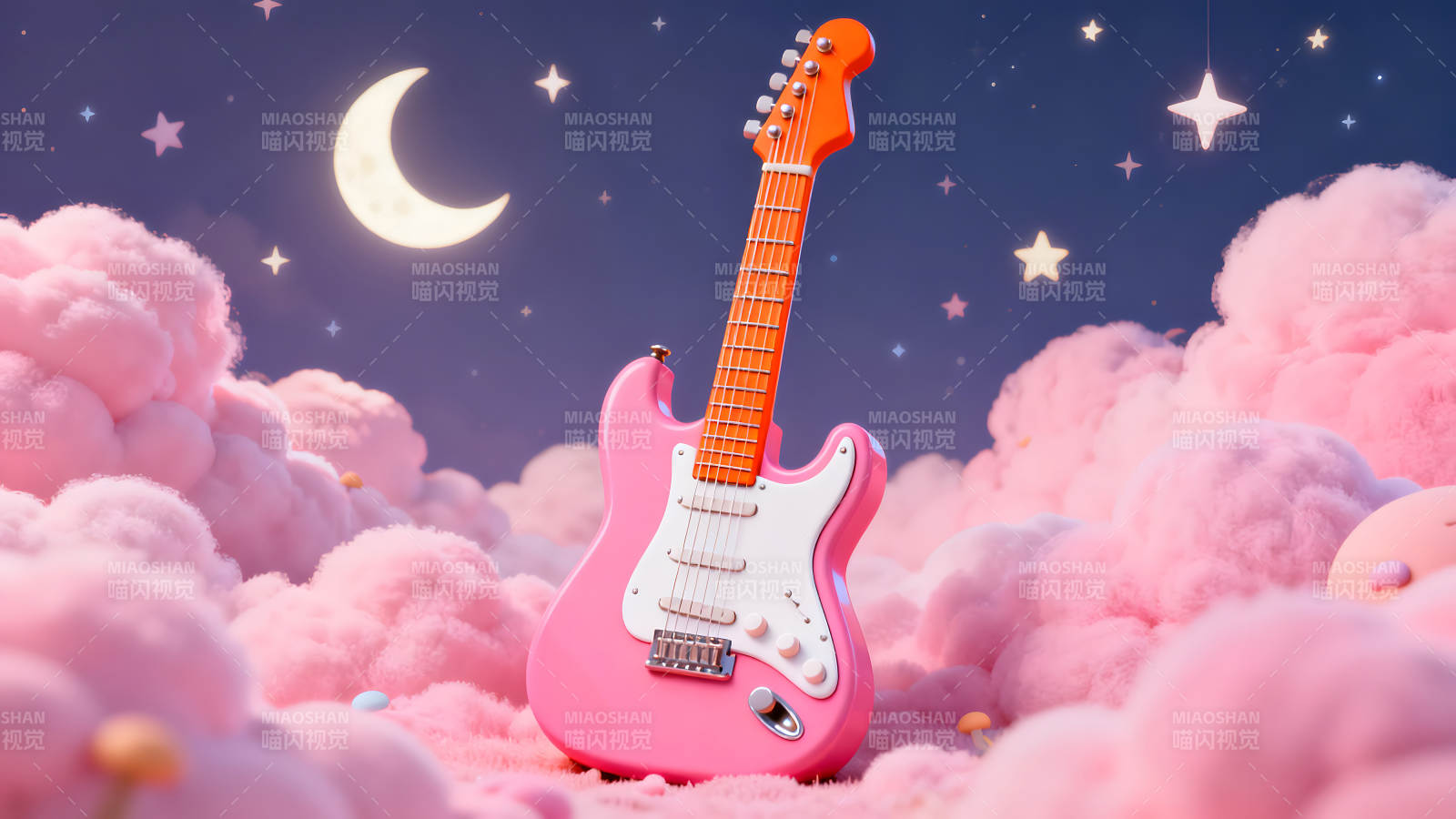 粉色吉他悬浮云朵中星月背景图片