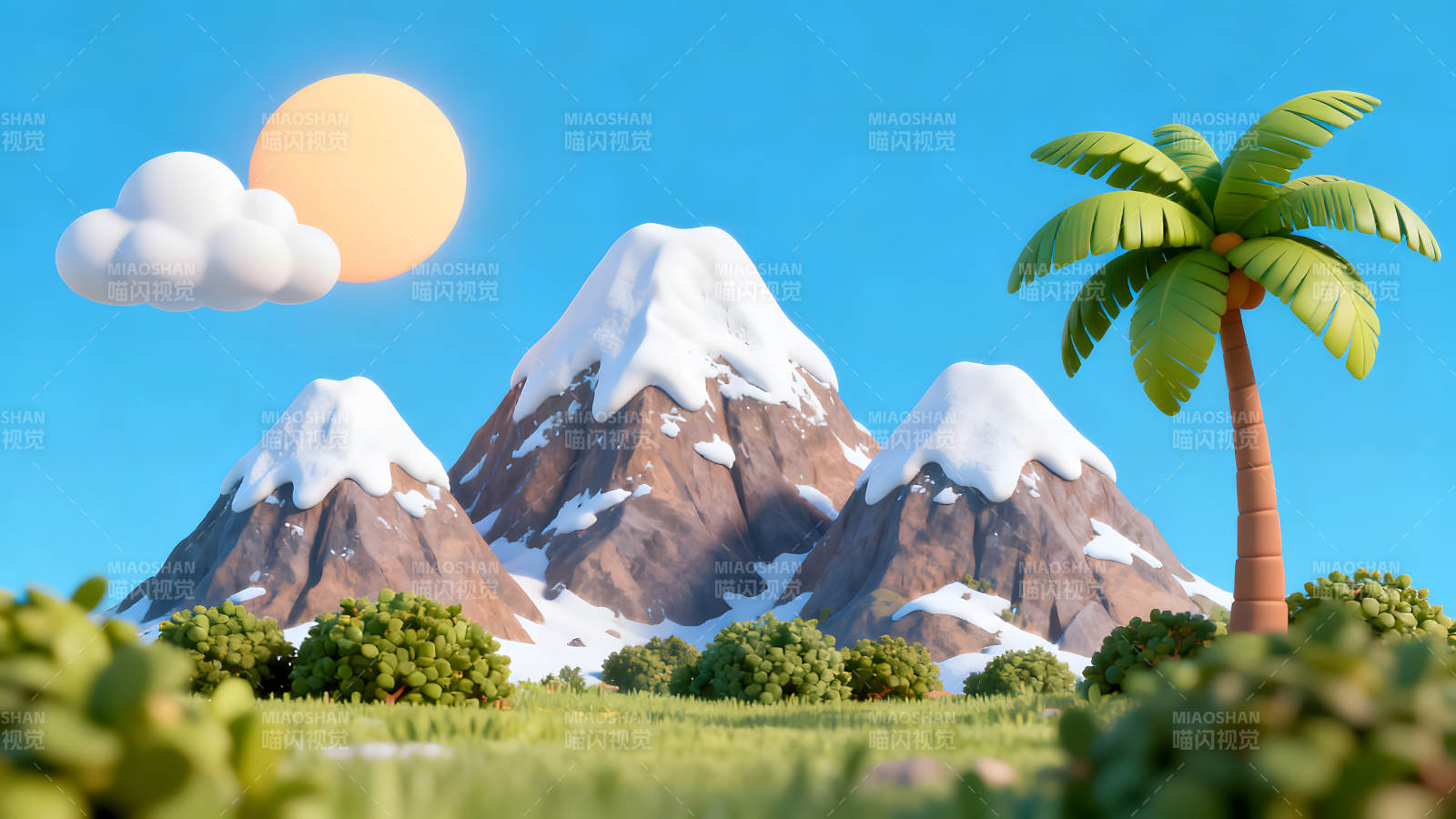 卡通风景太阳云彩雪山椰树图片