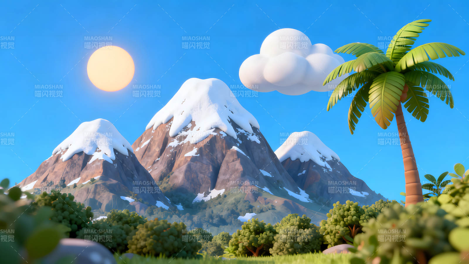 卡通山景椰树阳光明媚图片