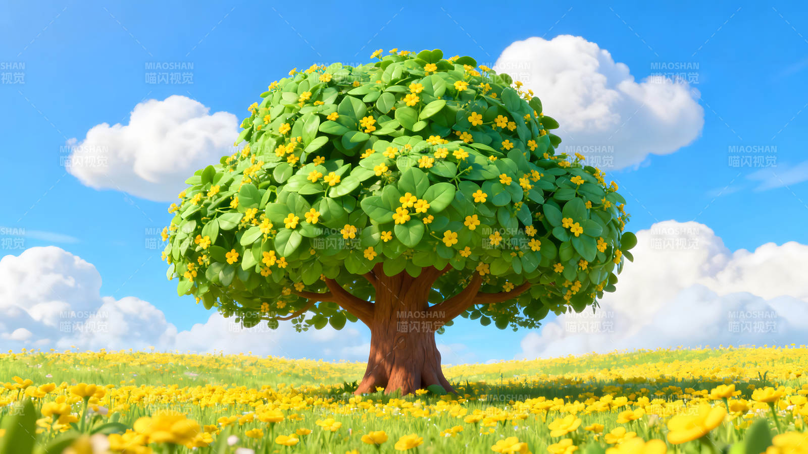 卡通树木盛开野花遍地天空湛蓝图片