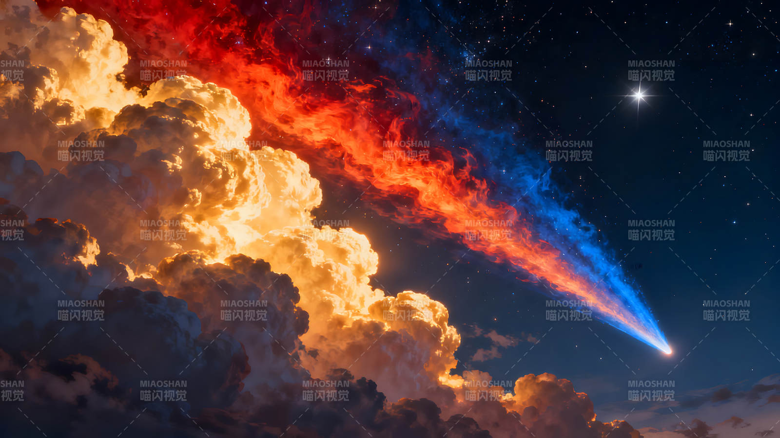 星空火焰与云朵交织的奇幻景象图片