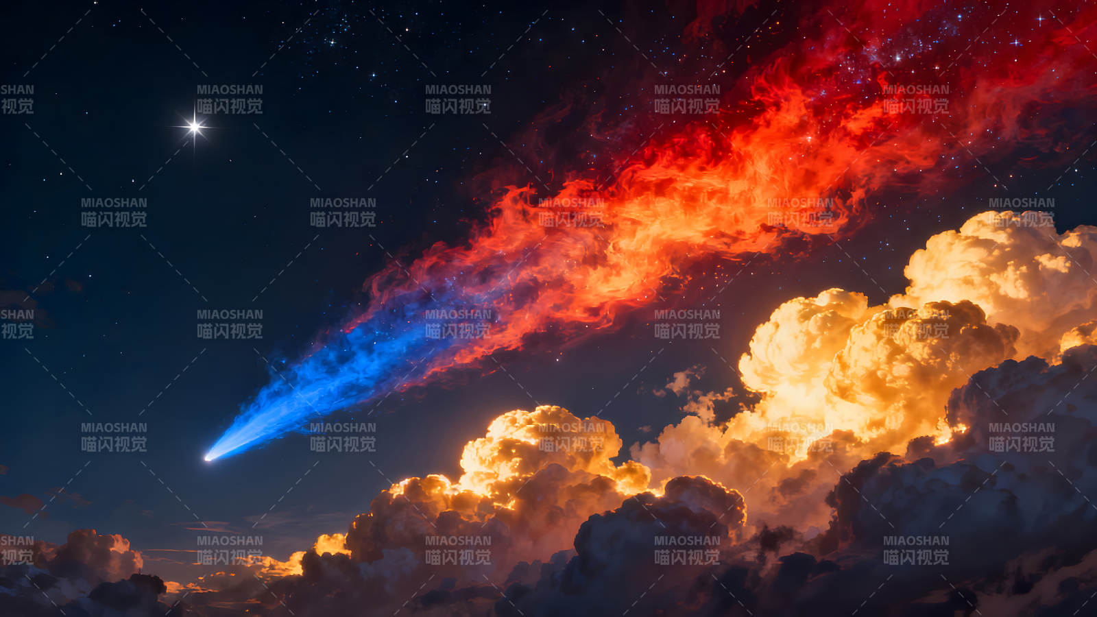 星空火焰与云层交织的宇宙奇景图片