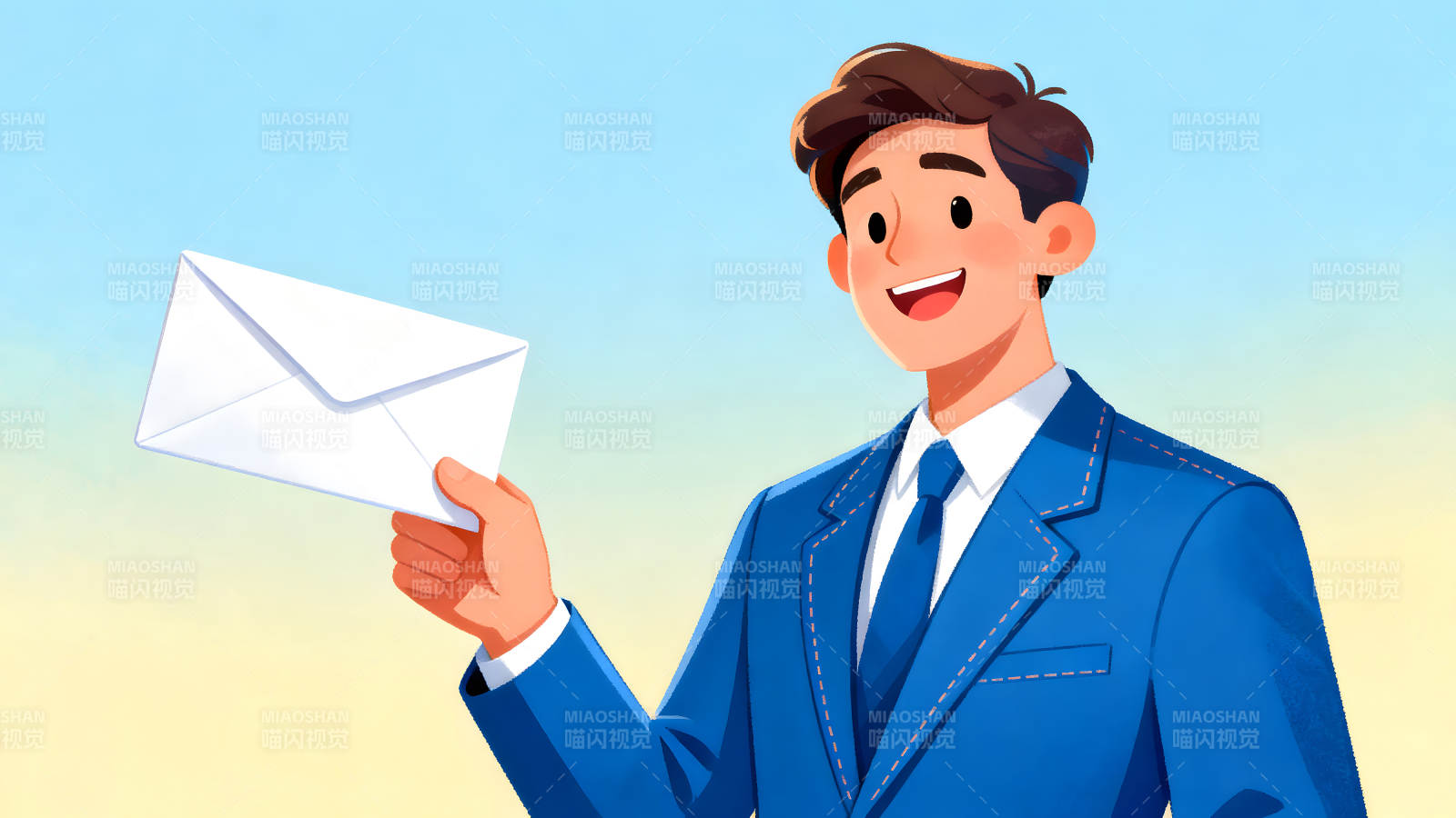 男子手持信封微笑传递信息图片