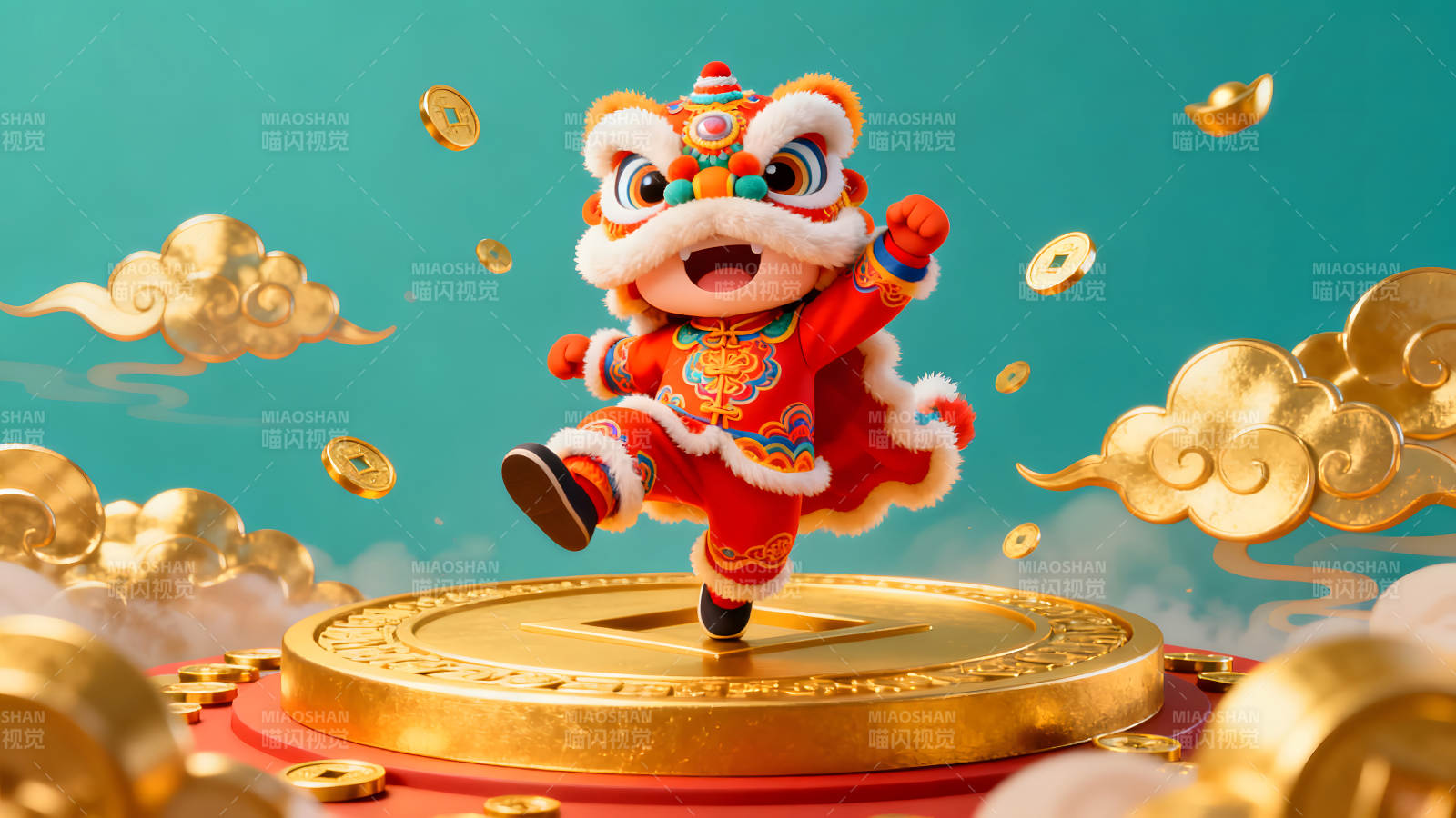 喜庆的舞狮在金色圆盘上欢腾起舞图片