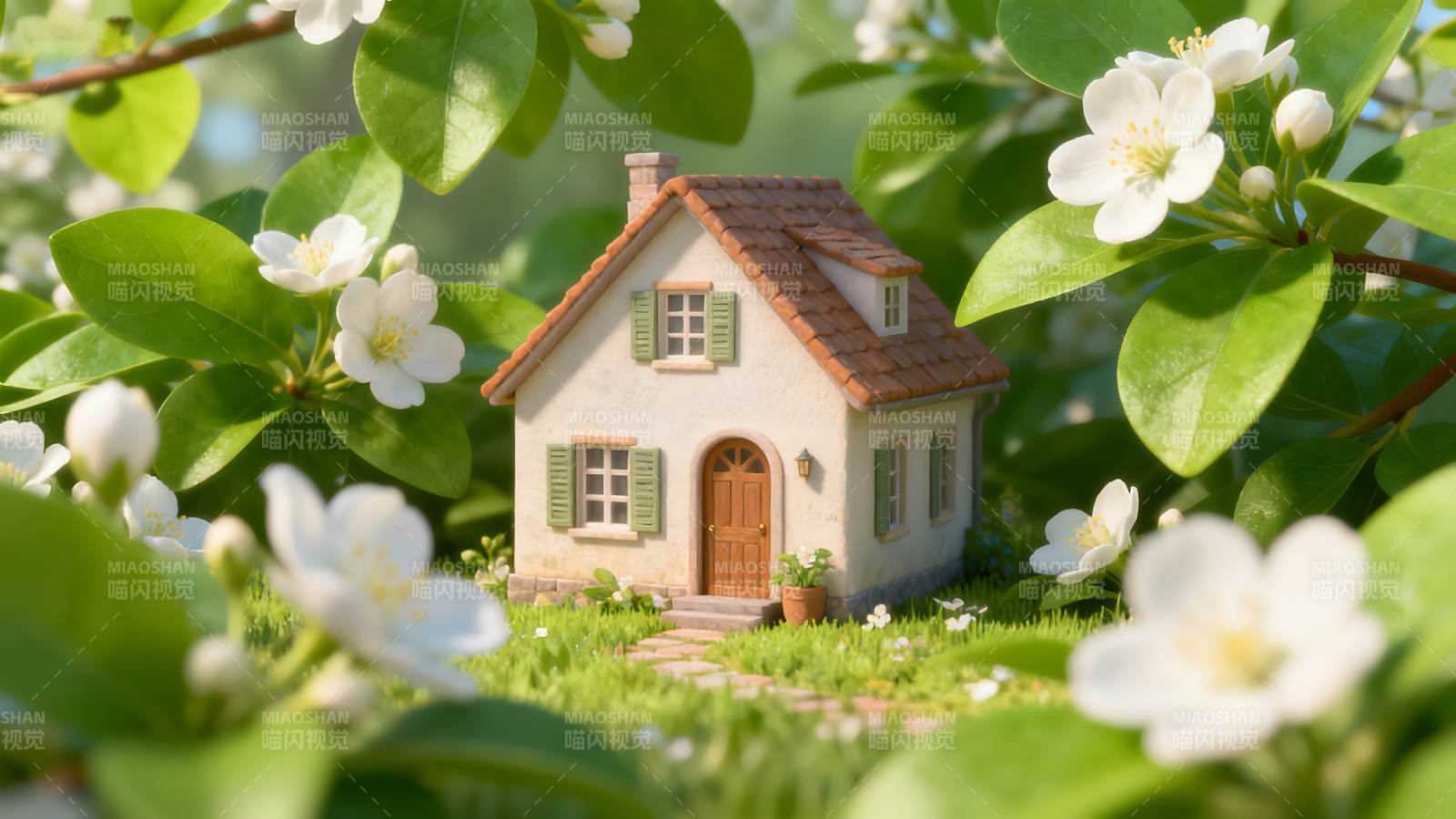 可爱的小房子周围环绕着鲜花图片