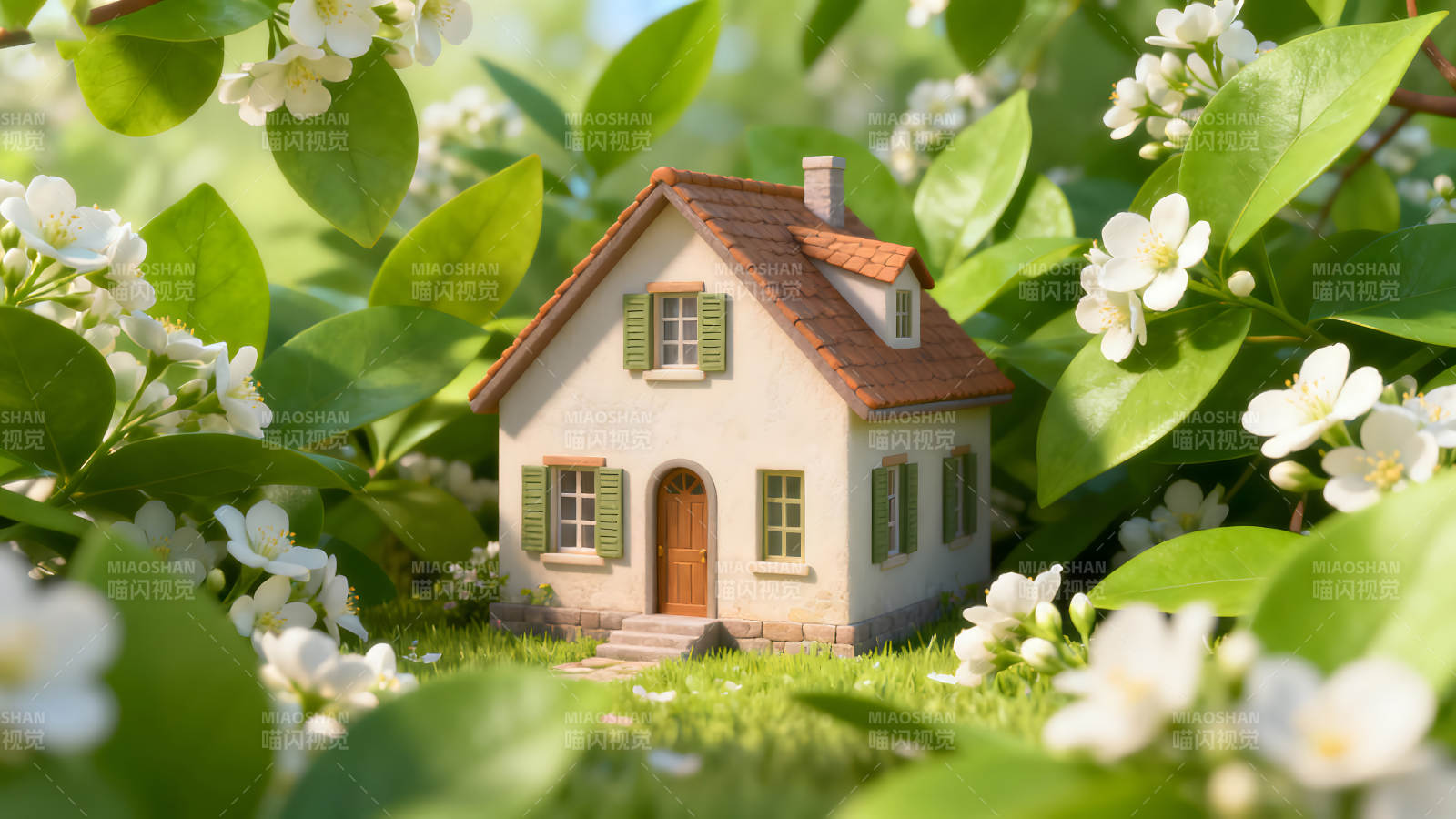 可爱的小屋被鲜花绿叶环绕图片