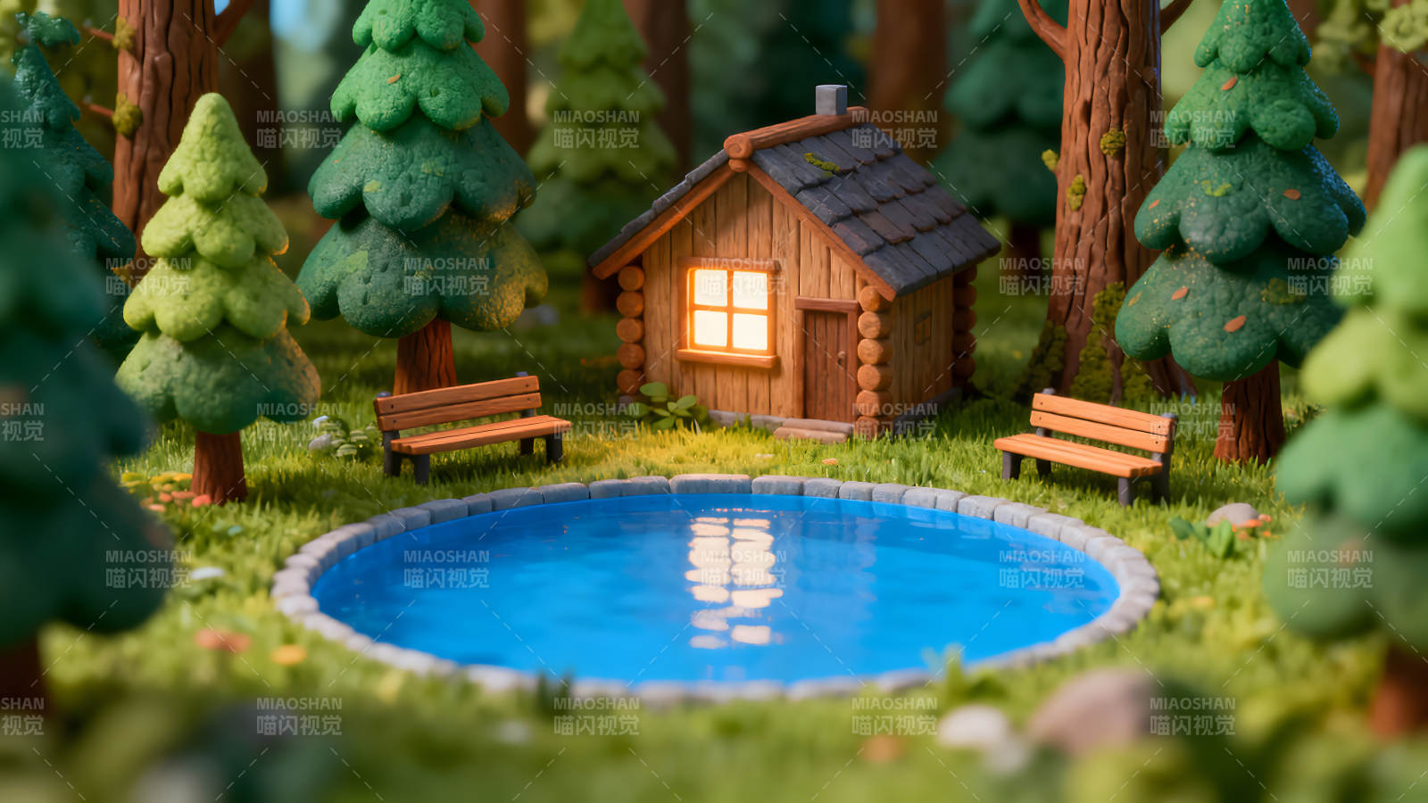 森林小屋宁静美景池塘周围树木环绕图片