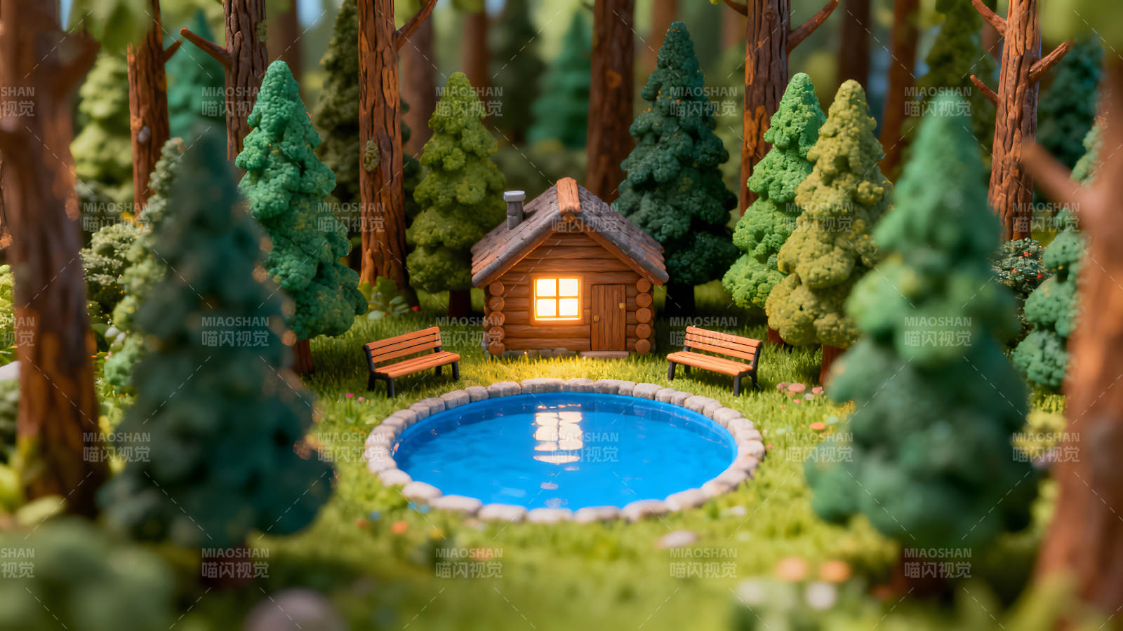 森林小屋与水池的宁静景象图片