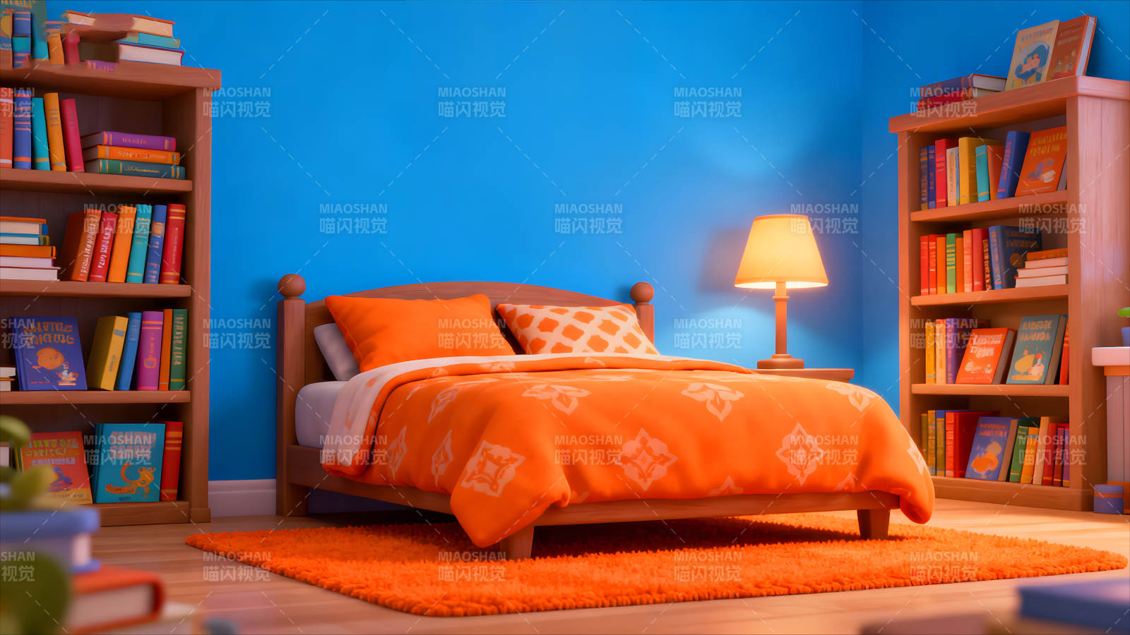 温馨卧室橙色蓝色调图片