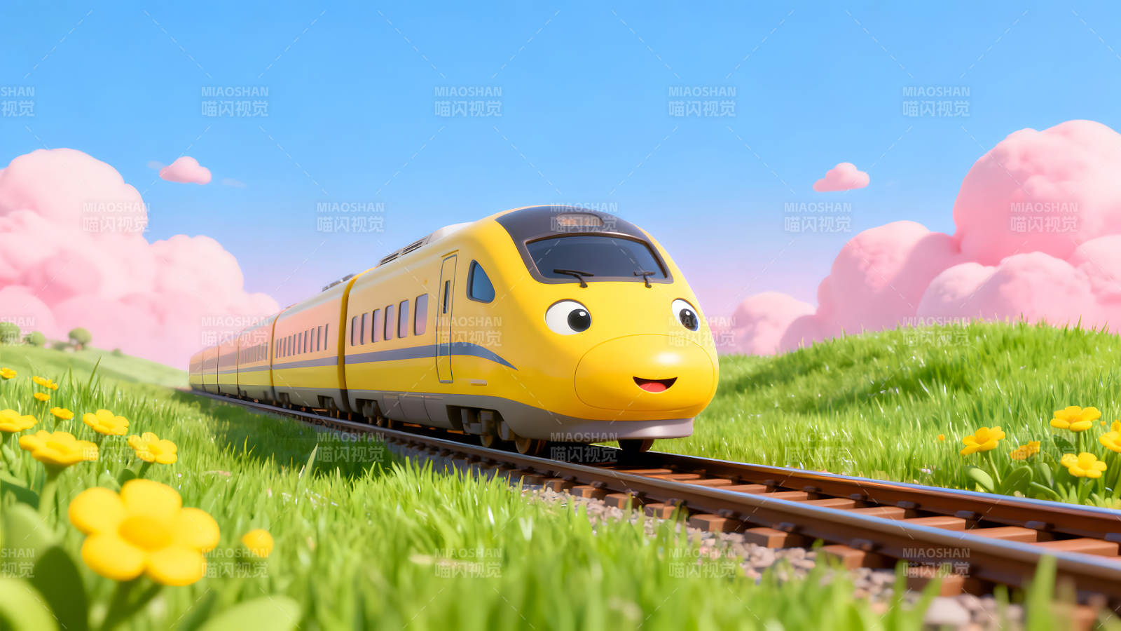 卡通黄色火车在绿色草地上行驶图片