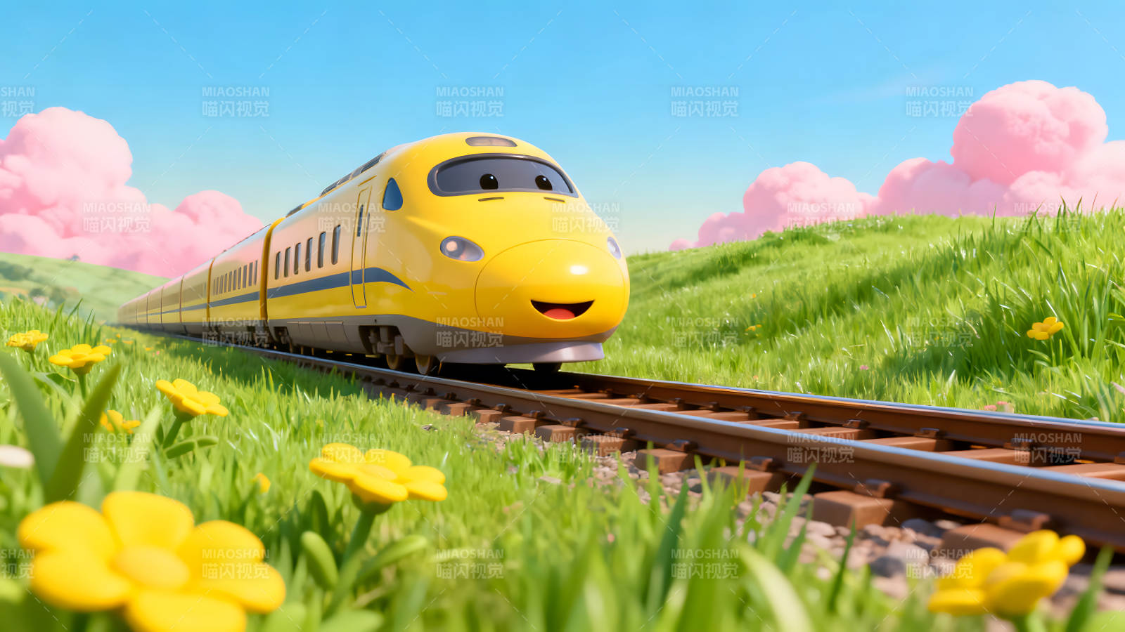 卡通黄色火车行驶在绿草地上图片