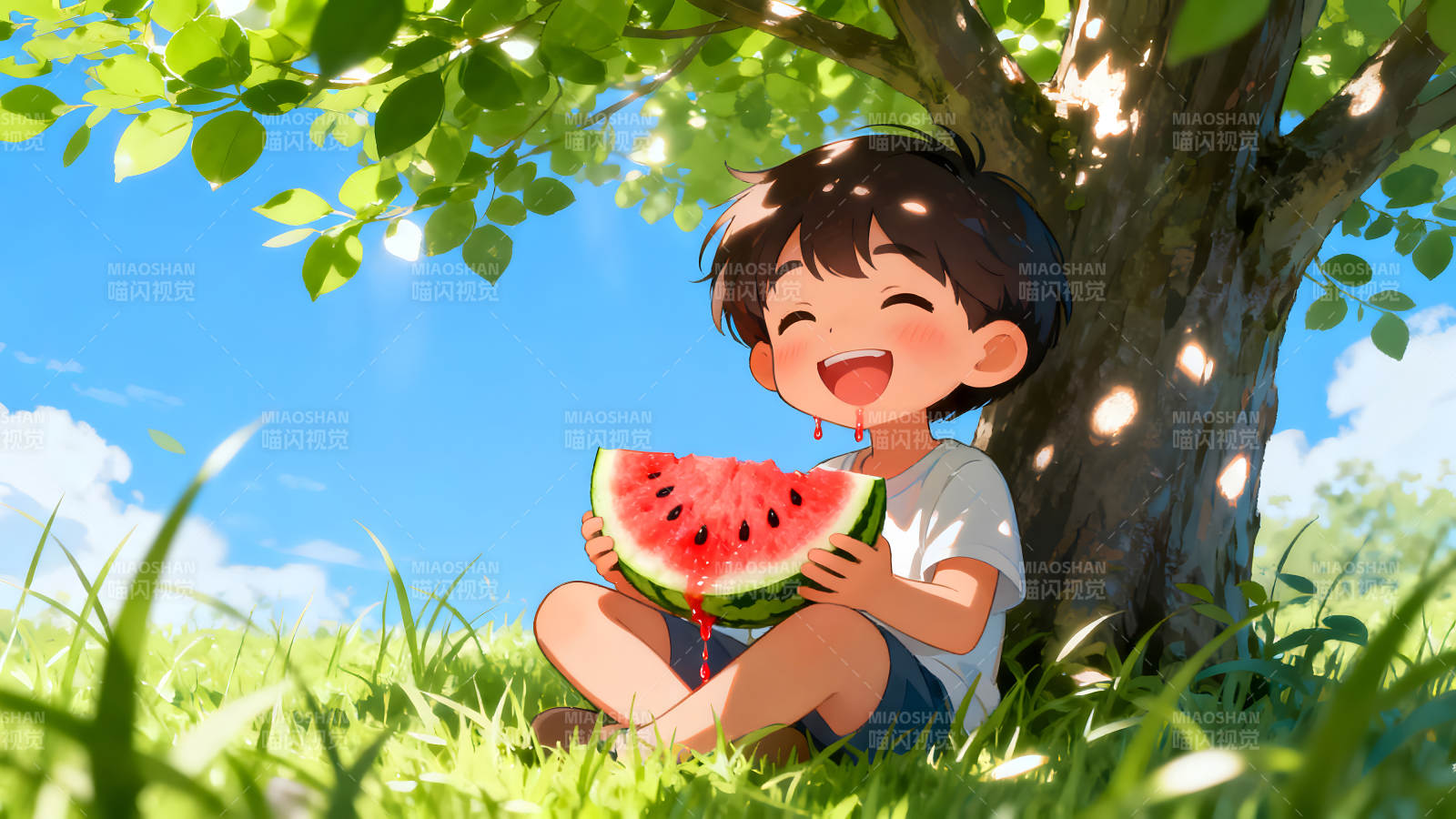 阳光下吃西瓜的男孩图片