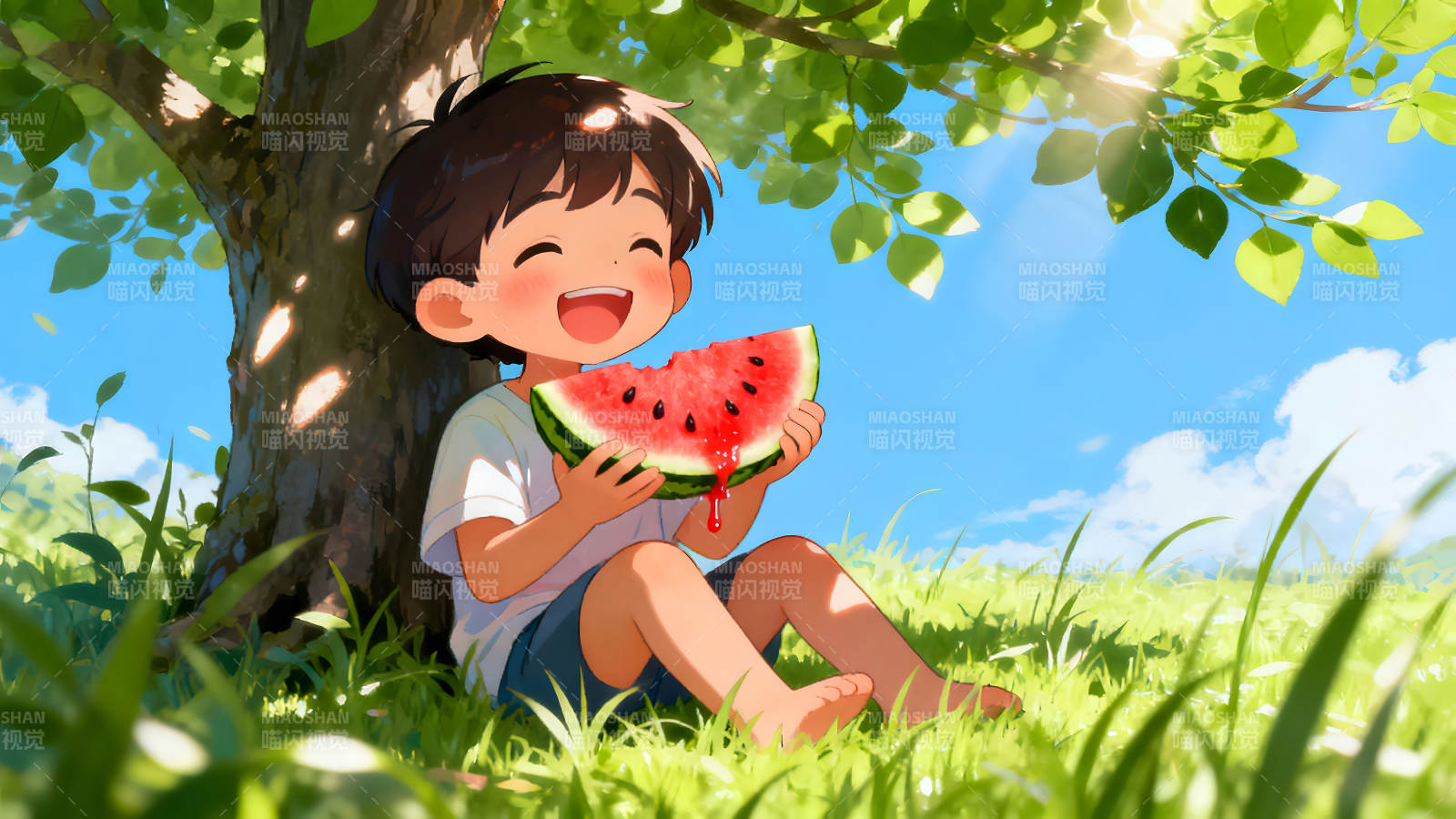 夏日午后男孩吃西瓜图片