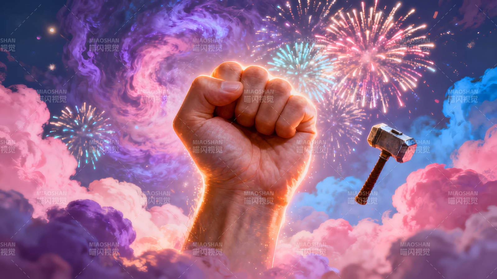 雷神握拳庆祝活动烟花绽放图片