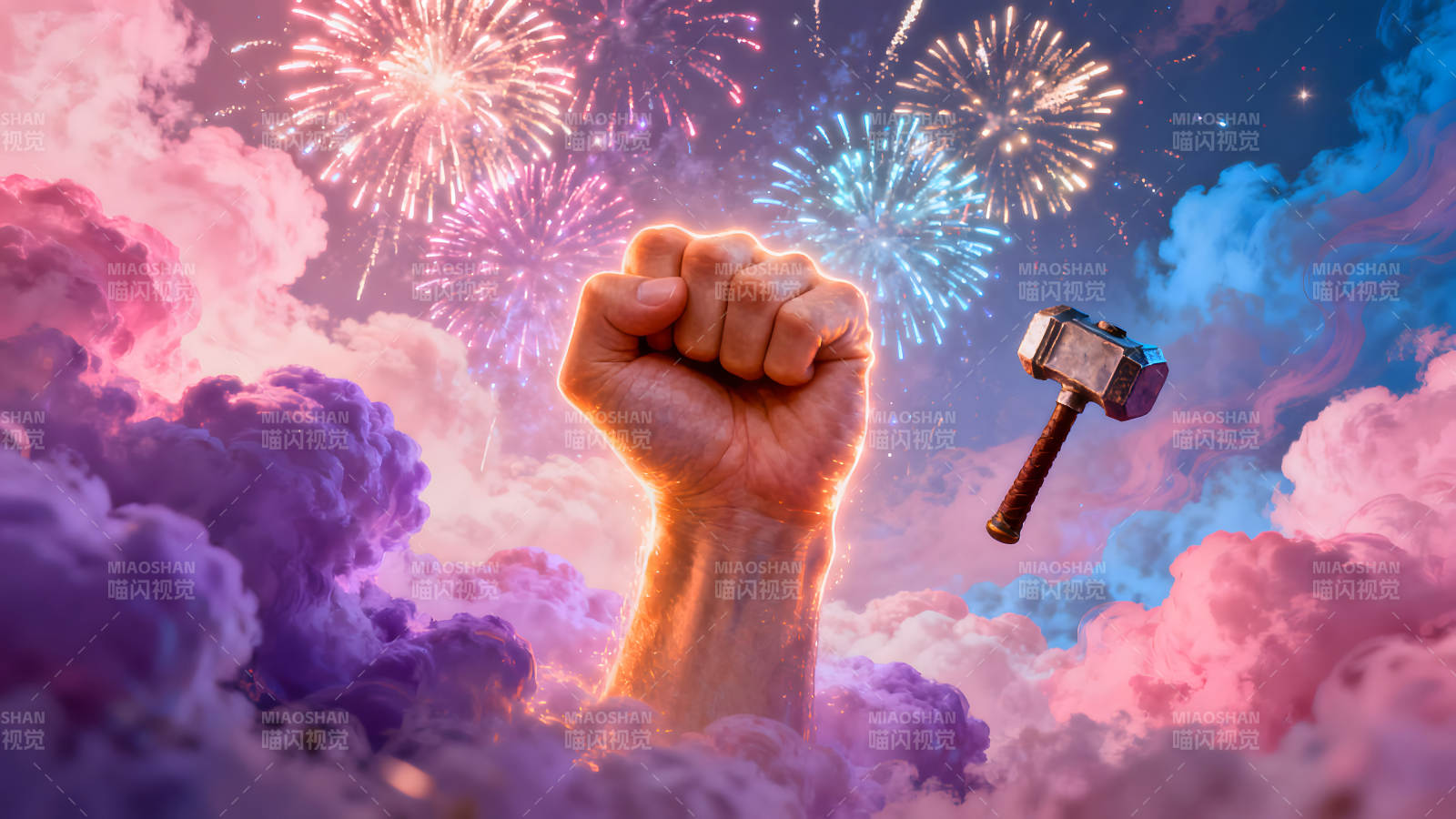 雷神挥拳空中烟花力量与色彩交织图片