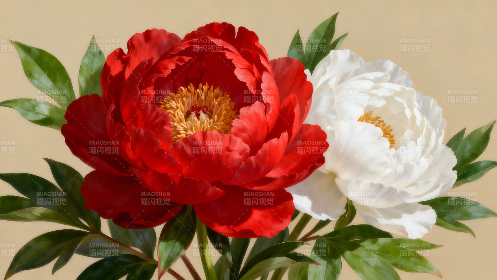 红白牡丹花卉特写图片