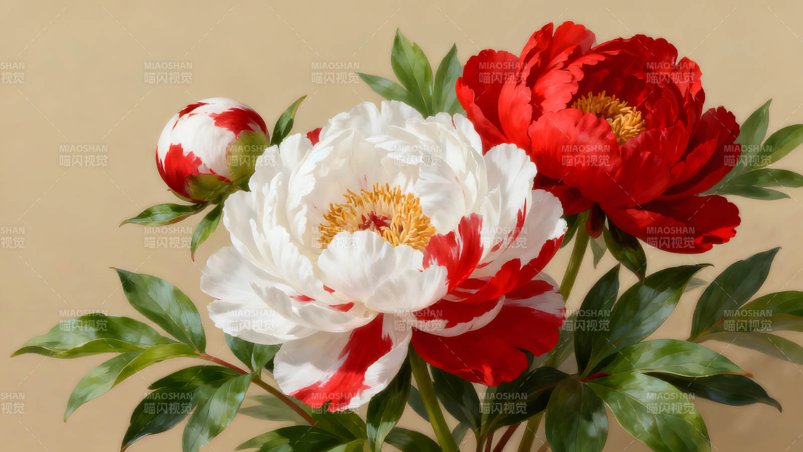 红白牡丹盛开的特写图片