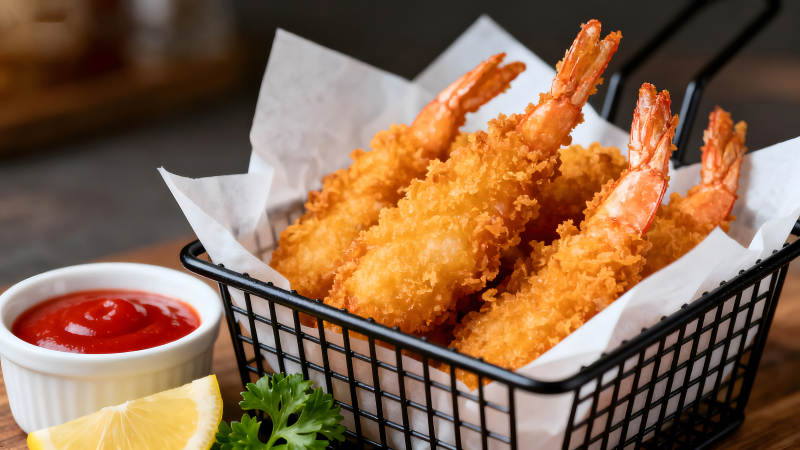 炸虾配番茄酱和柠檬图片