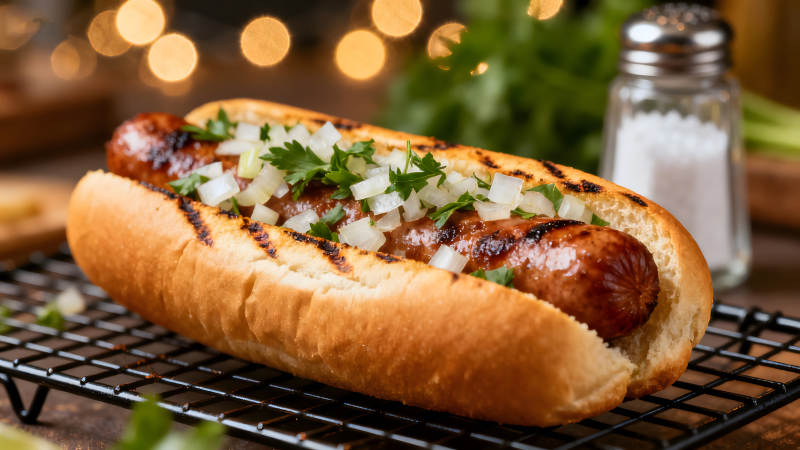 烤肠热狗配洋葱香菜图片