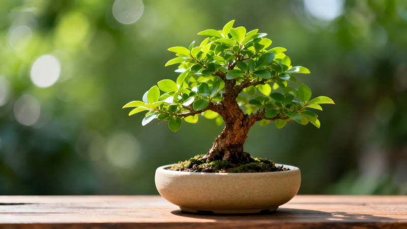精致的盆栽植物在木桌上生长图片