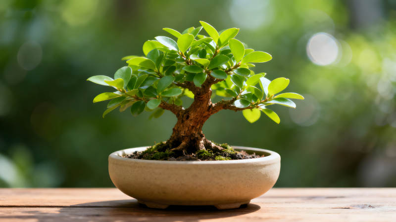 盆景树木在木桌上郁郁葱葱的景象图片