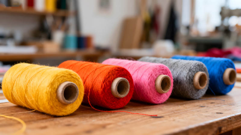 彩色线轴摆放在木质桌面上图片