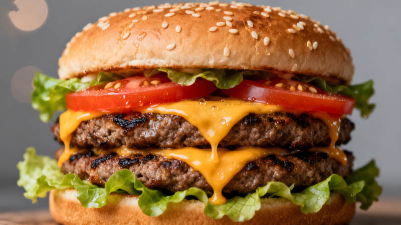 美味双层芝士汉堡特写图片