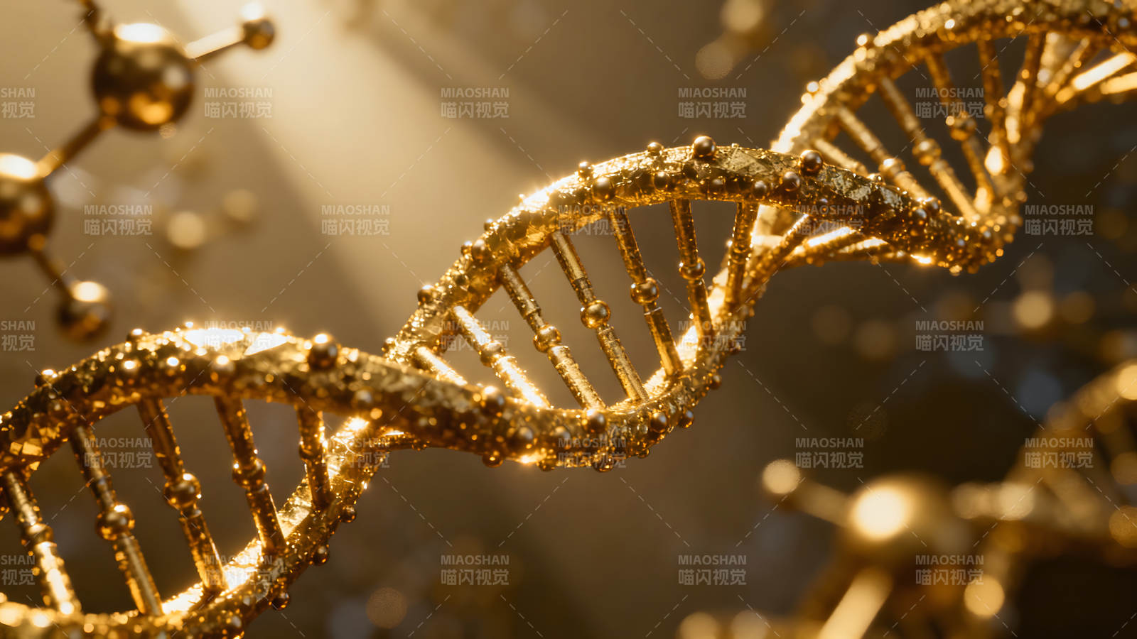 金色DNA螺旋结构光线照耀图片