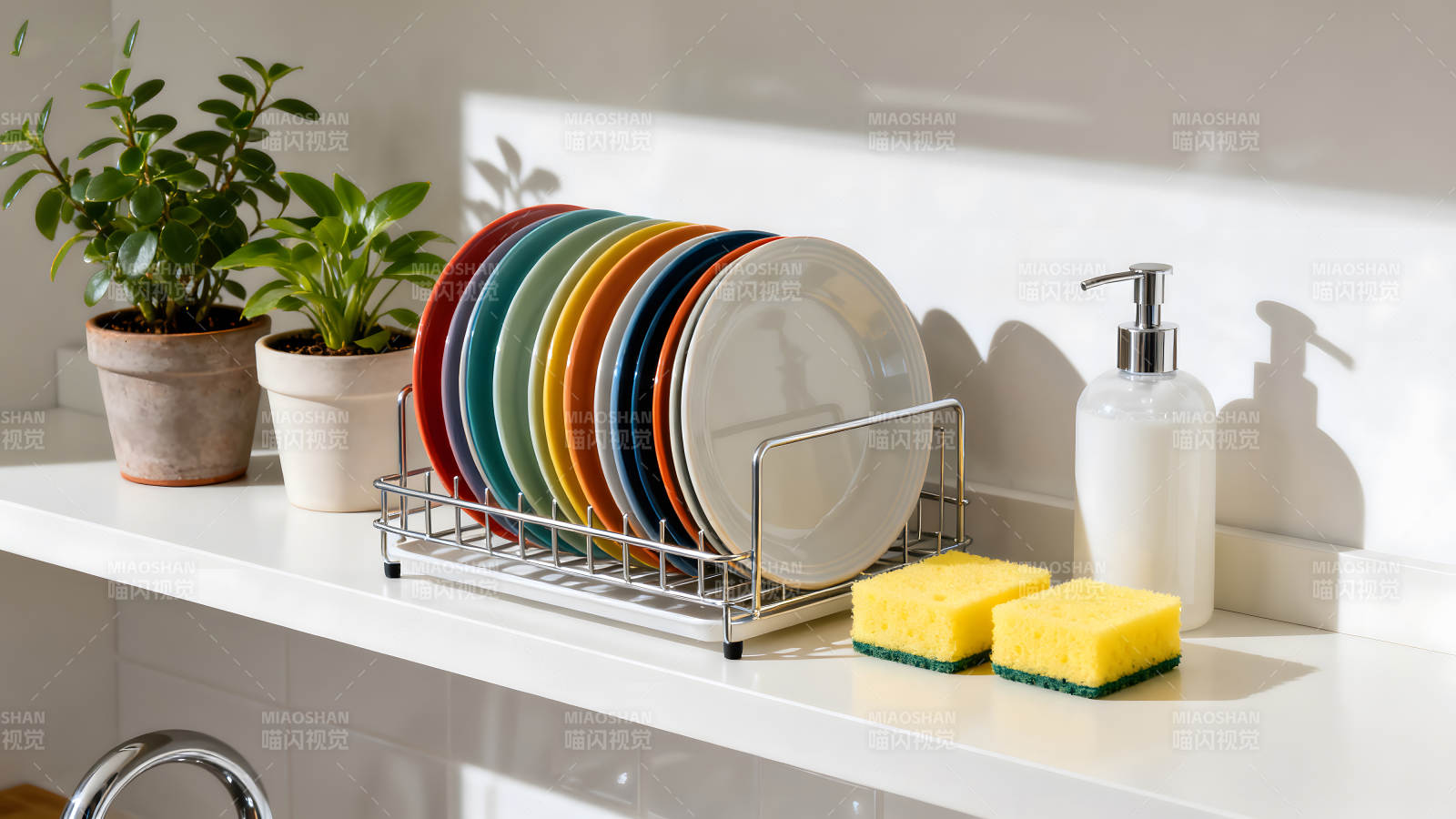 厨房台面上的餐具和清洁用品图片