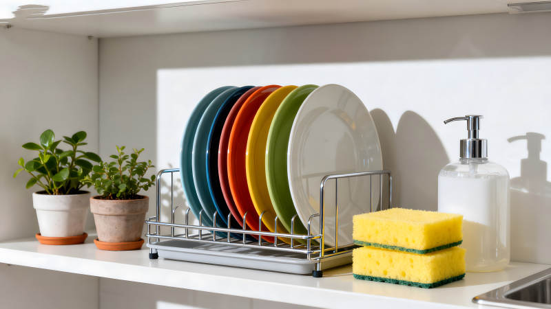 厨房收纳场景多彩餐盘整齐摆放图片