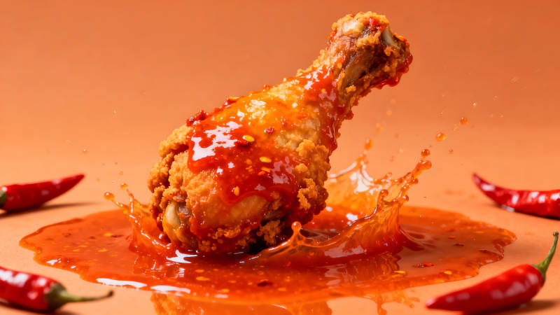 炸鸡裹辣椒酱飞溅图片