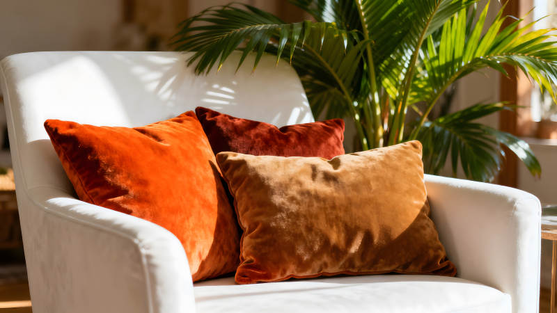 白色椅子上的橘色和棕色枕头图片