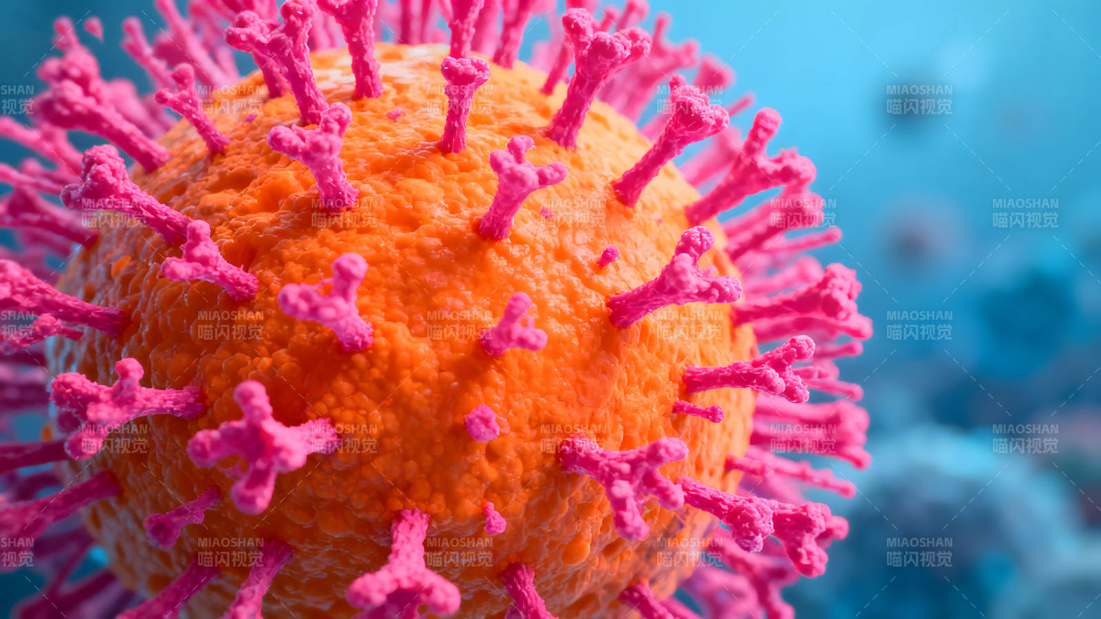 新冠病毒特写橙色球体粉色刺突图片