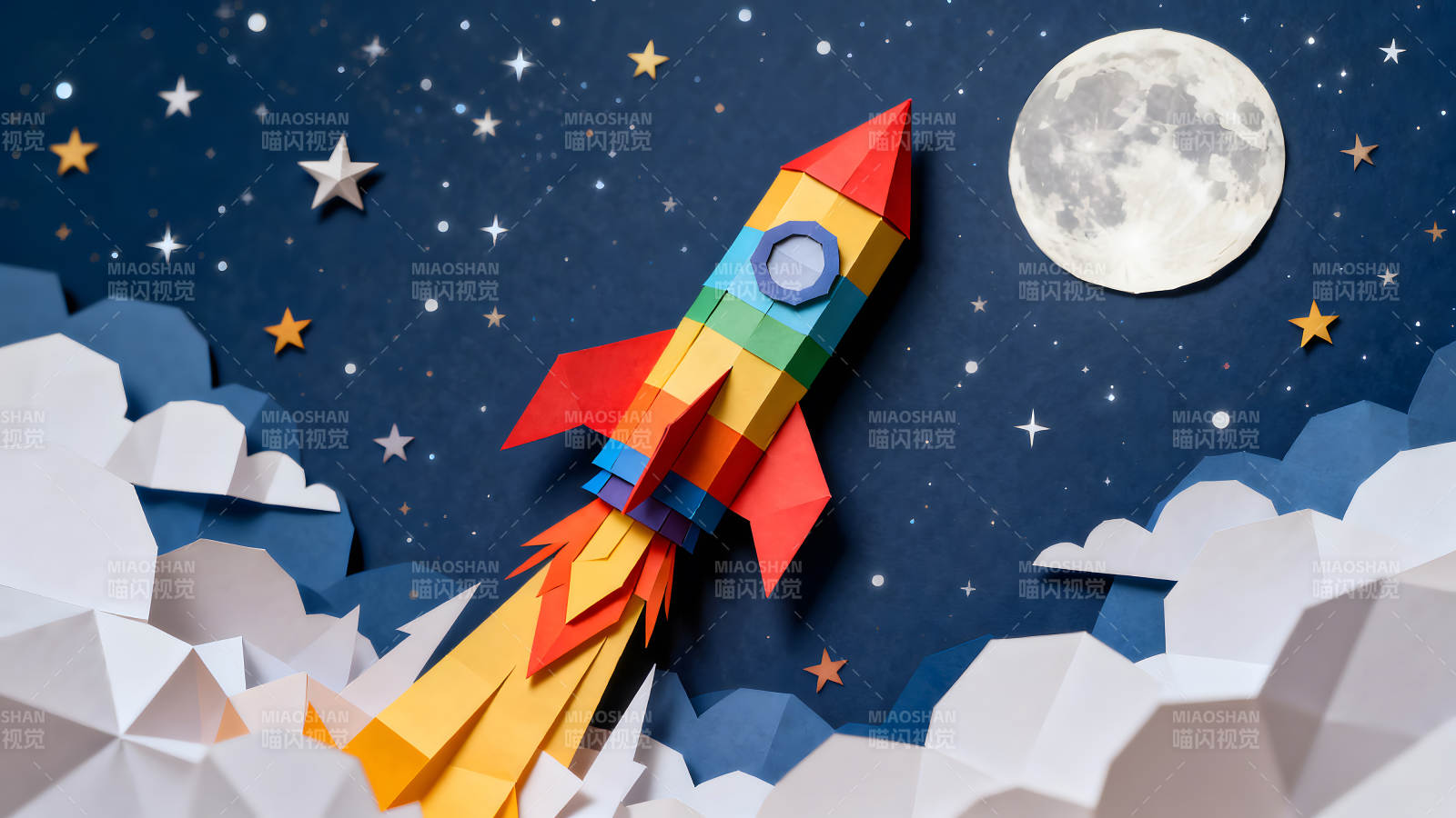 纸艺火箭升空飞向月球图片