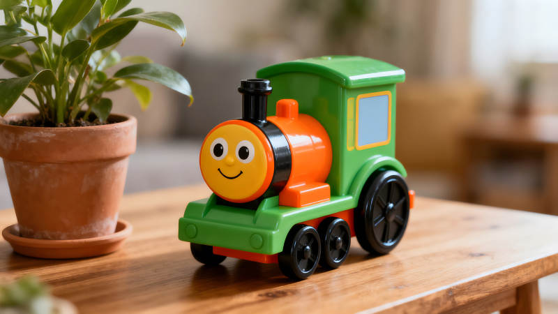 可爱的玩具火车摆放在木桌上图片