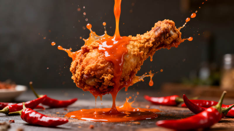 炸鸡淋酱汁飞溅辣椒图片