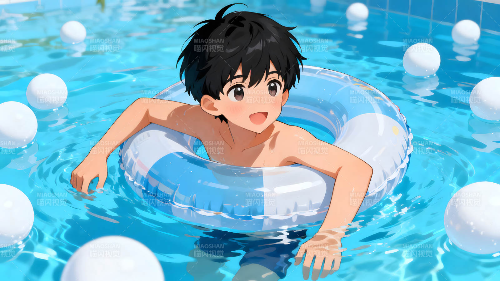 男孩游泳池里玩耍开心快乐的夏日时光图片