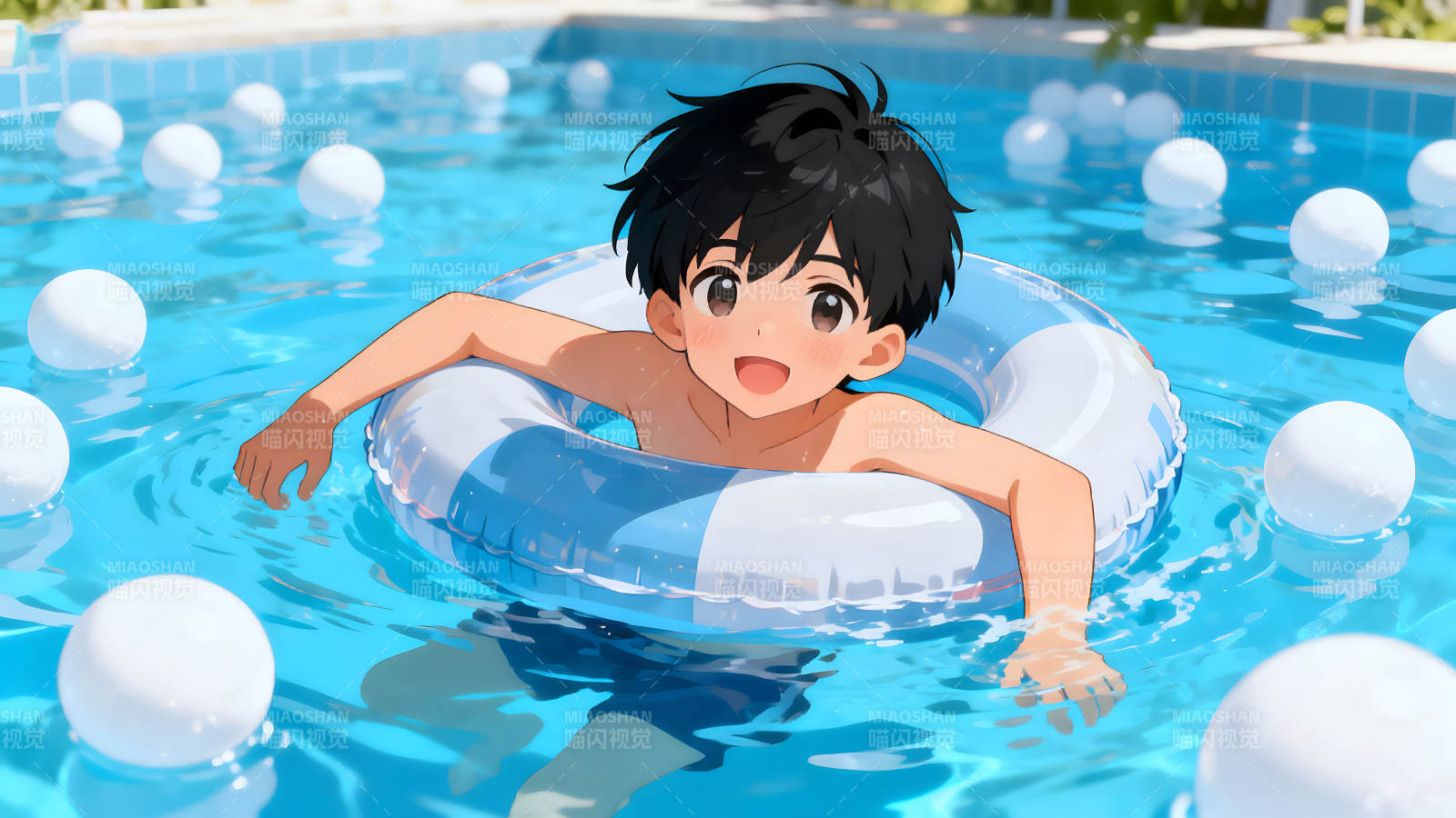 男孩游泳圈在泳池里游泳图片