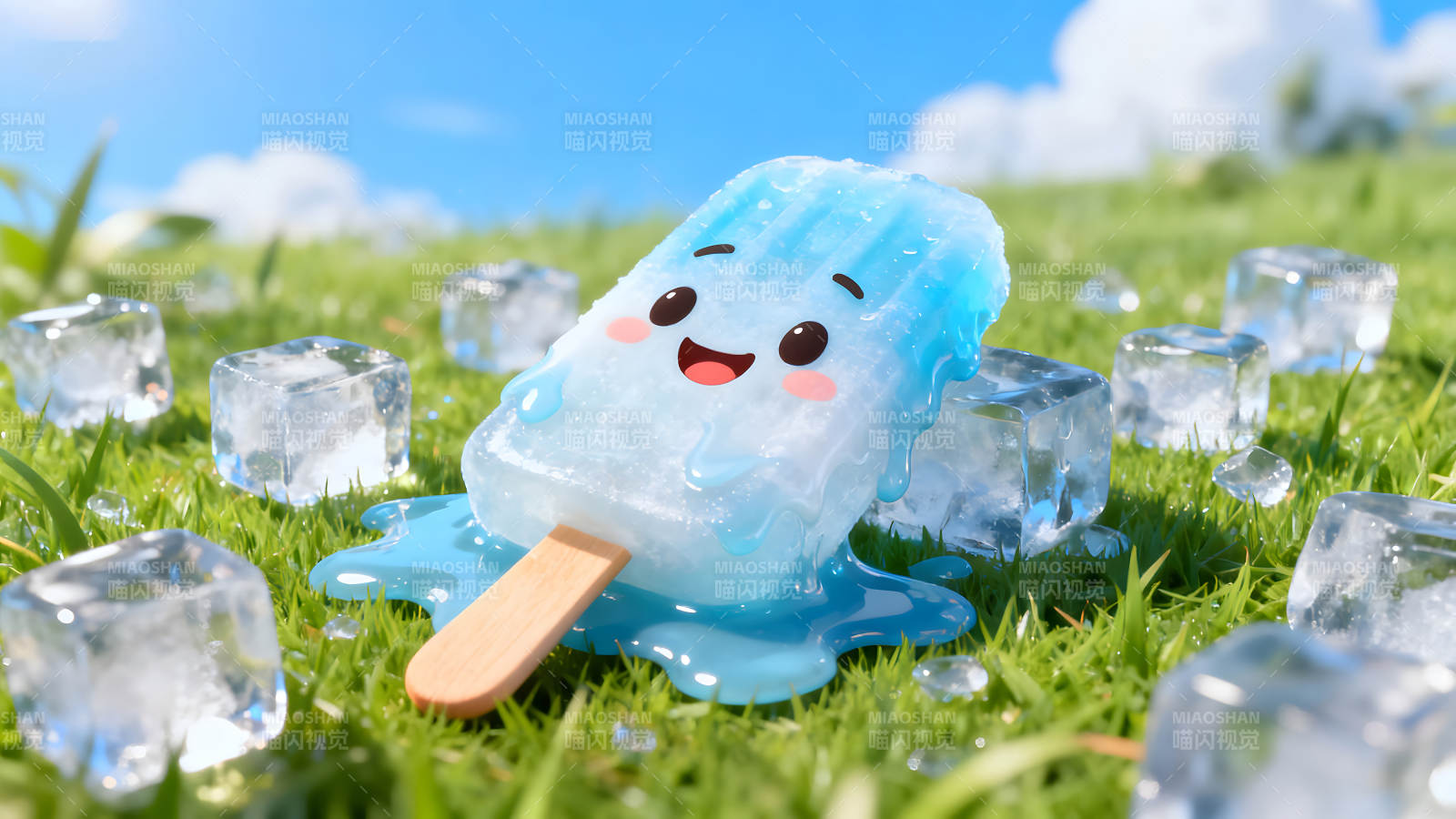 可爱冰棍在草地上融化图片