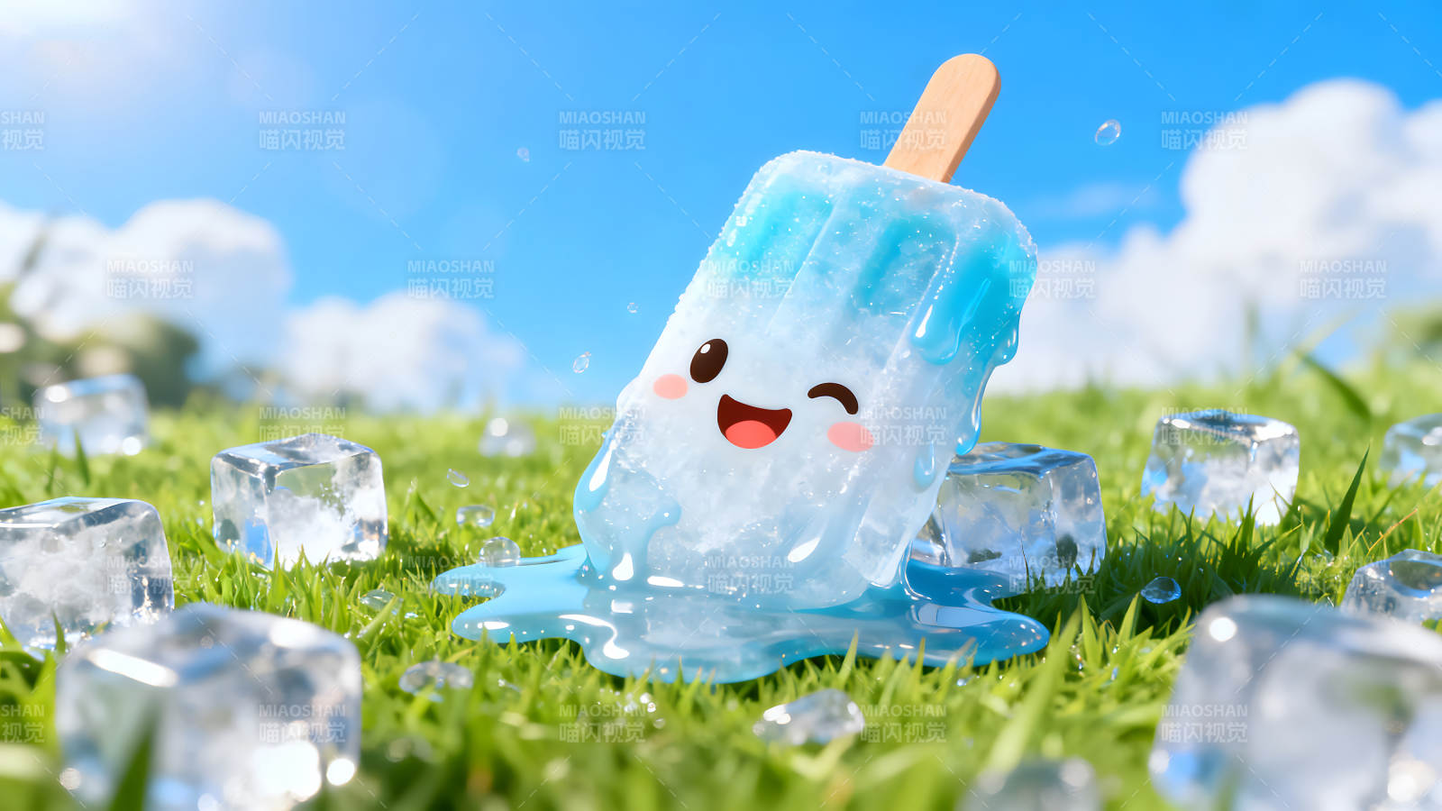 可爱冰棒融化在草地上图片
