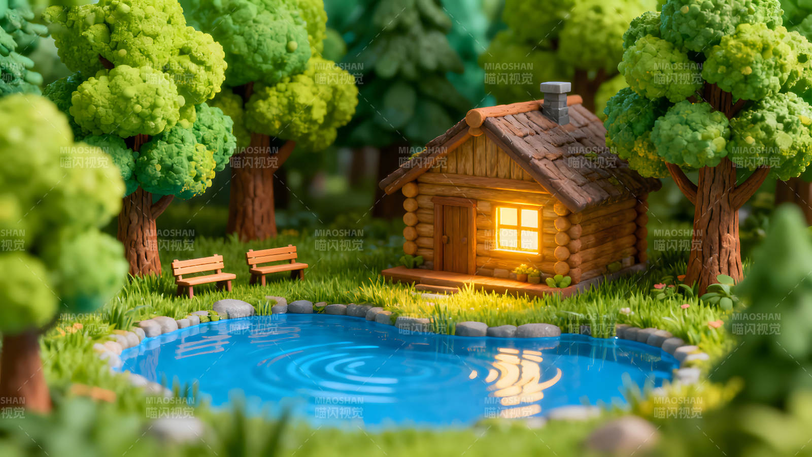 森林小屋与池塘静谧温馨的场景图片